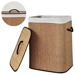 ELMEJORPRECIO - Cesto Organizador de Ropa con Tapa Bambú y Forro Interno Rectangular Asa Negra