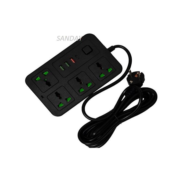EXTENSION DE CORRIENTE PARA OFICINA / HOGAR / INTERIORES 4 ENTRADAS 4 USB 3 METROS NEGRO SANDAY