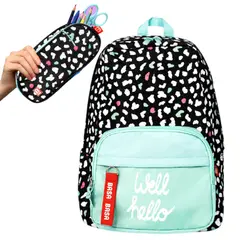 Basa - Mochila Escolar  + Cartuchera Fantasy Negro con Verde - Basa