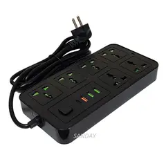 GENERICO - EXTENSION DE CORRIENTE PARA OFICINA / HOGAR / INTERIORES 6 ENTRADAS 4 USB 3 METROS NEGRO SANDAY