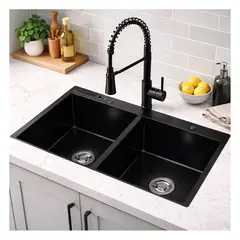 MAGIC - Lavadero de Cocina Acero Inoxidable 2 Pozas Negro 84x48 cm con porta cuchillo