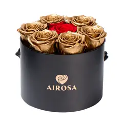 AIROSA - Rosa Eterna AIROSA - Box Cilíndrico 7 Rosas (Dorado con Centro Rojo) + Tarjeta Premium