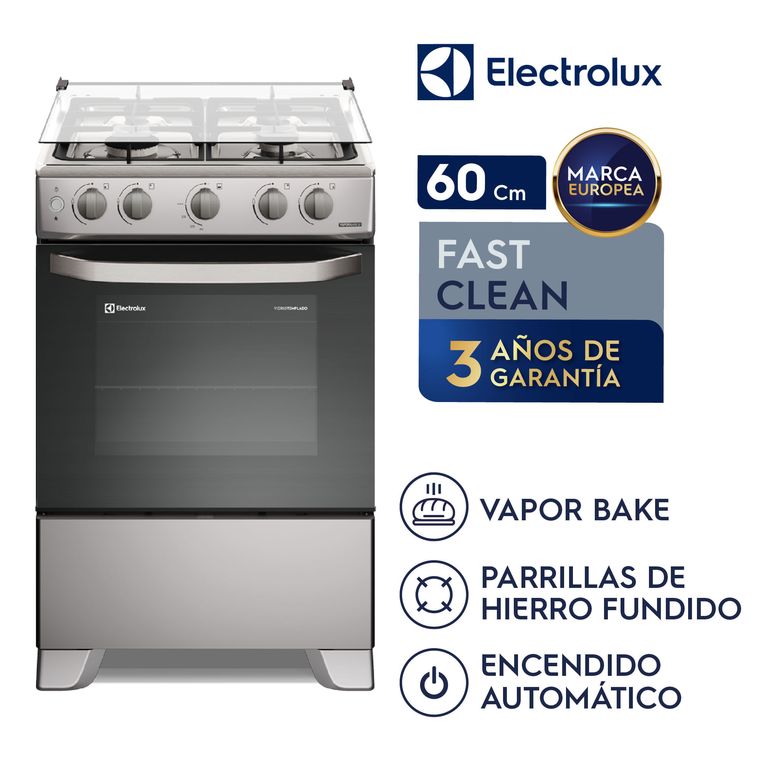 Cocina Electrolux 4 quemadores 60Cm Efficient VaporBake y Parrillas Hierro Fundido Silver FE4OSR