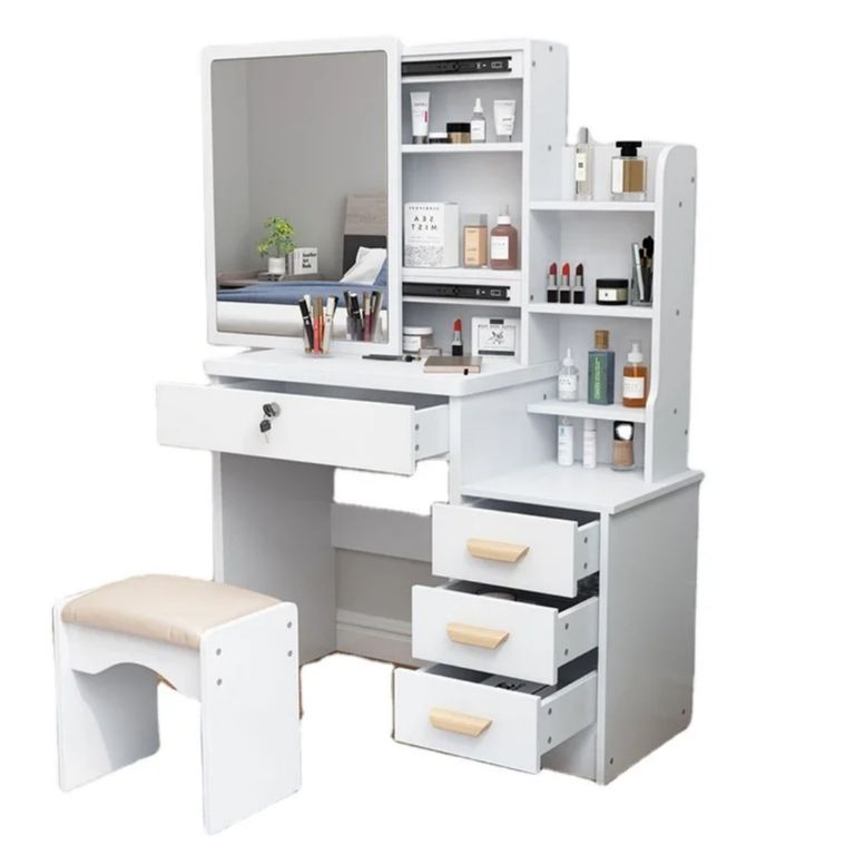 Tocador de Maquillaje Con Espejo corredizo Taburete Para Dormitorio Blanco