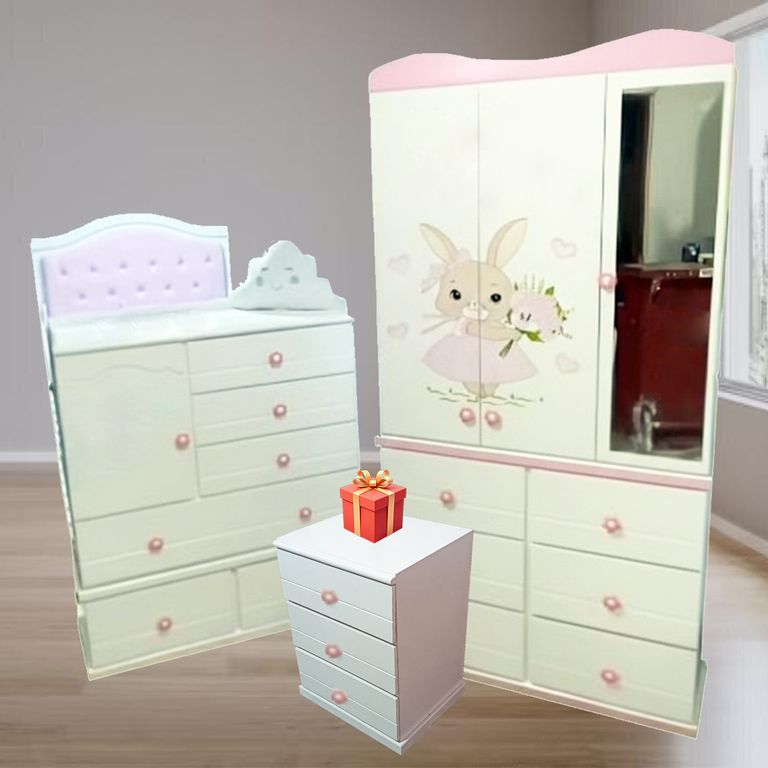 Juego de dormitorio cama cuna + ropero regalo velador blanco conejita