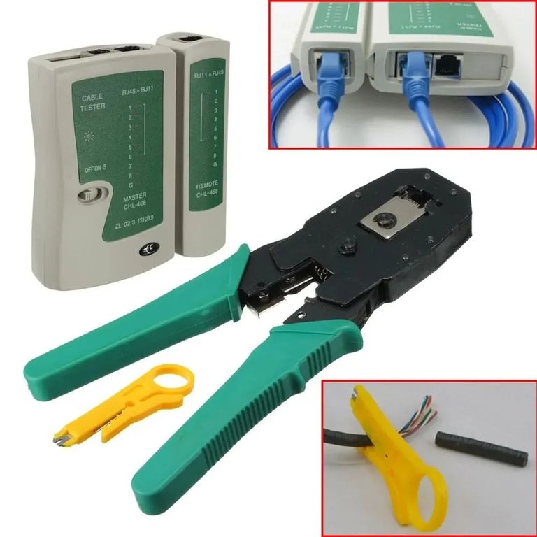Probador de Cables Testeador + Crimpeador Ponchador + 12 RJ45 CAT5 CAT5e Conectores