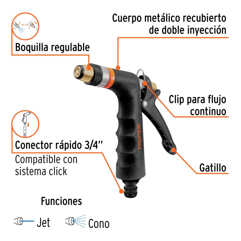 Pistola para riego de 2 funciones metálica con recubrimiento Truper 18476