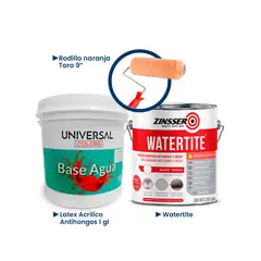 UNIVERSAL COLORS - Pintura Látex Acrílico Antihongos Universal Colors blanco mate 1gl+ Rodillo Toro melón 9+ WaterTite 1gl