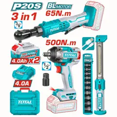TOTAL TOOLS - LLAVE DE IMPACTO ½ 500NM + LLAVE CHICHARRA + LINTERNA-TOSLI250981