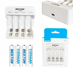 BESTON - Kit Cargador Inteligente de Pilas +4 AAA Ni-MH 4 puestos