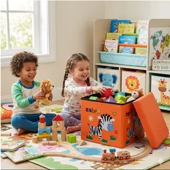 GENERICO - Caja Puff Organizador con Tapa de Juguetes para Niños NARANJA