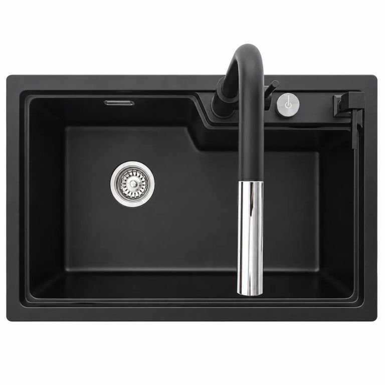 Lavadero de Cuarzo Negro 75x47cm Con Grifo, Control de Drenaje y Dispensador de Detergente Líquido