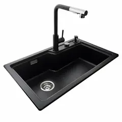 HIGRILL - Lavadero de Cuarzo Multifuncional 75x47cm Con Grifo, Control de Drenaje y Dispensador Jabón Líquido