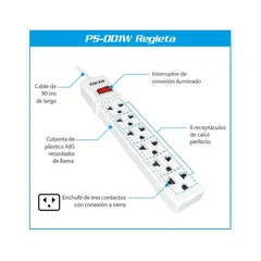FORZA - REGLETA PS-001W DE 6 TOMAS BLANCO 220V