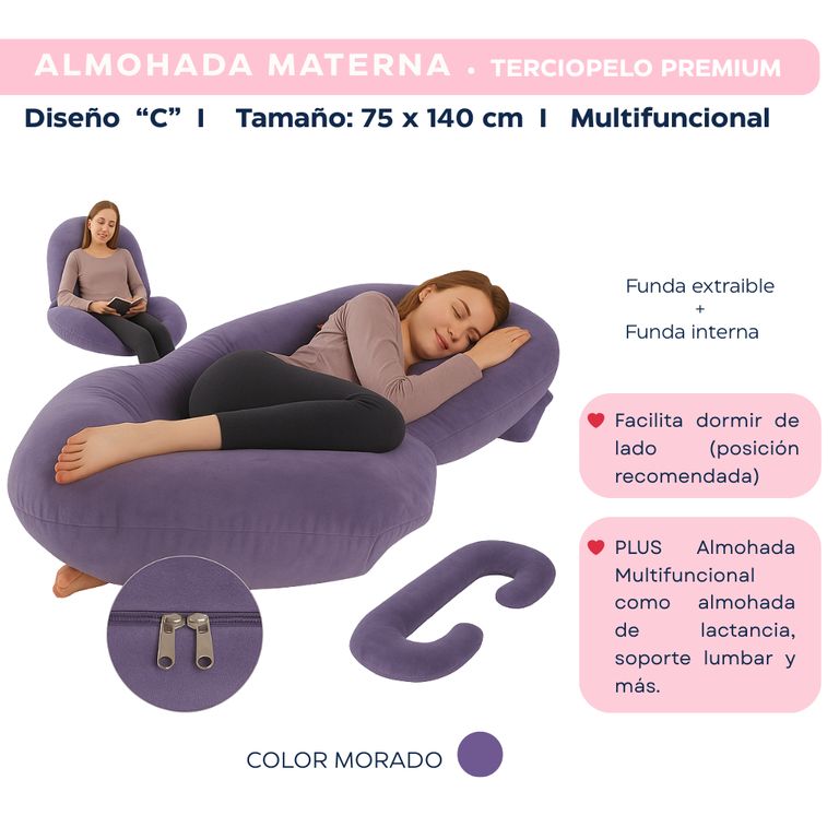Almohada Embarazo Multifuncional, Diseño C, Color Morado