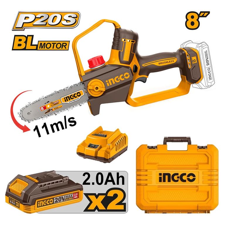 MOTOSIERRA INGCO 20V 8" 20CM 11M/S + 2 BATERÍAS 2.0AH + CARGADOR CGSLI20882