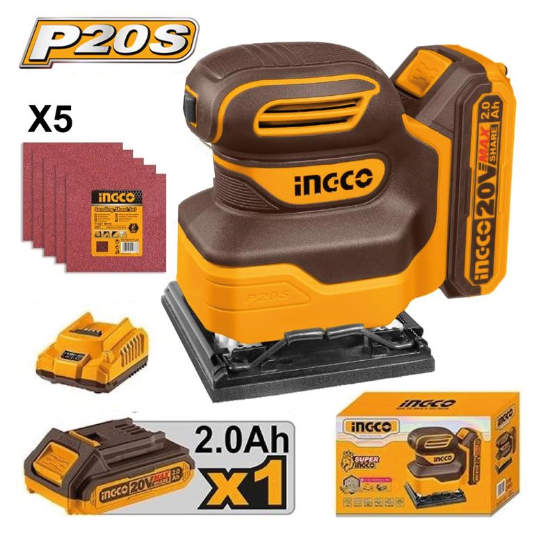 Lijadora Orbital Ingco 20V + 1 Batería 2.0AH + Cargador CSHSLI20141