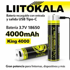 LIITOKALA - Batería 18650 Litio 4000mAh Recargable USB-C Alta Duración Para Equipos Electrónicos