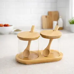 GENERICO - Condimentero Doble de Vidrio con Tapa y Base de Bambú + Cucharas