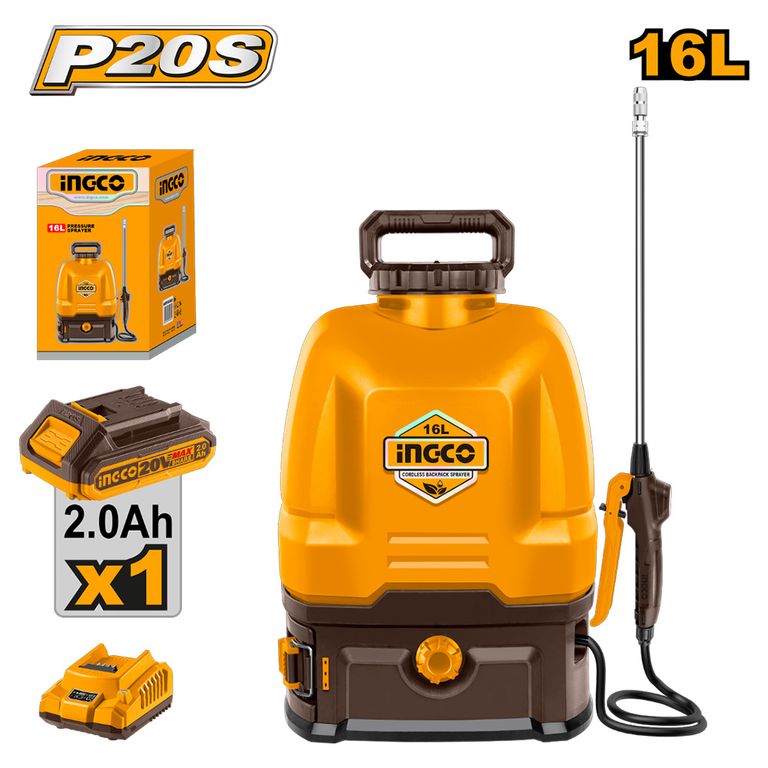 MOCHILA PULVERIZADORA FUMIGADORA INGCO 20V 16L + 1 BATERÍA 2.0AH + CARGADOR CSPLI20162