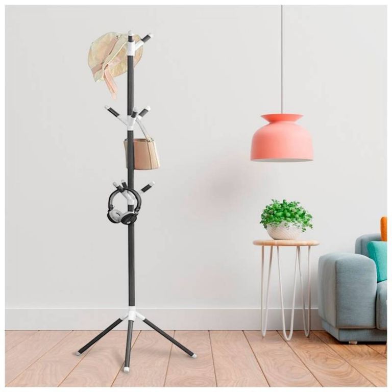Perchero de Pie Metálico 9 Ganchos Base Triangular Multiusos Organizador Color Negro