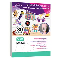 GENERICO - Papel Vinilo Adhesivo 30 Hojas Semi Transparente Carta Imprimible Cursor