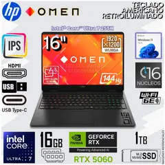 HP - Laptop Gamer HP OMEN 16" 2k 144hz Intel Core Ultra 7 255HX 16GB RAM DDR5 1TB SSD 16-AM0073DX