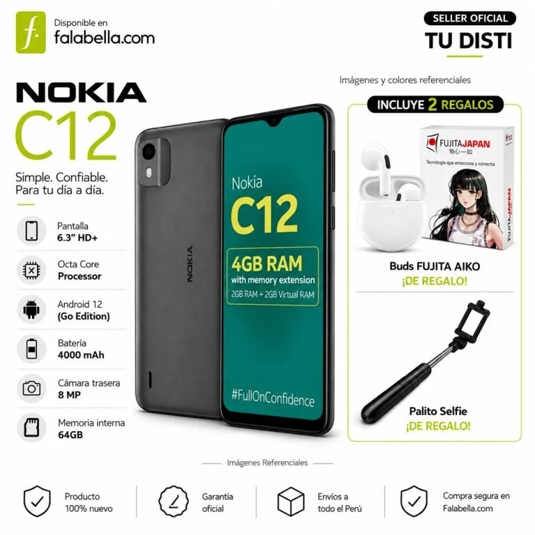 Smartphone NOKIA C12 Android 12 /Batería ALL Day / 4GB RAM (2GB + 2GB EXT)+ 64GB ROM Charcoal