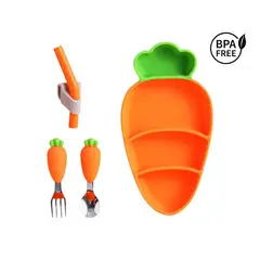 GENERICO - Kit de alimentación de Silicona con cubiertos de acero inoxidable modelo Zanahoria