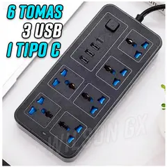 GENERICO - Enchufe Tomacorriente 6 Tomas + 3 Puertos hub USB + 1 Tipo C