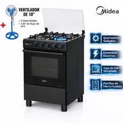 Midea - COCINA MIDEA MGS24FS2LFABBC-PE 4 HORNILLAS NEGRO + VENTILADOR