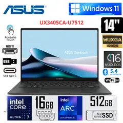 ASUS - Laptop ASUS Zenbook 14 OLED Touch 14” WUXGA Intel Core Ultra 7 255H 16GB RAM 512GB  - UX3405CA-U7512