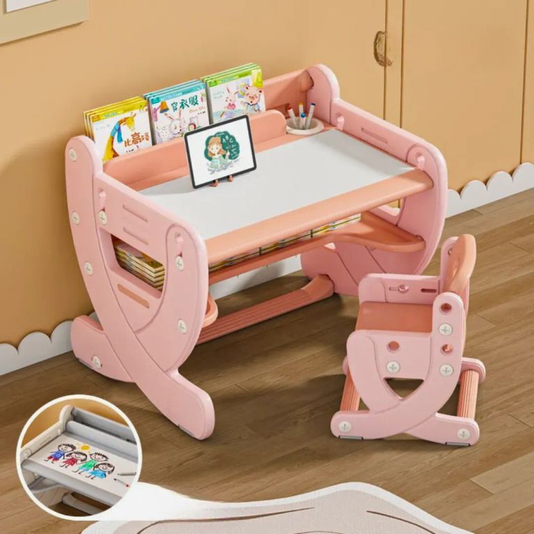 Escritorio montessori altura regulable con pizarra acrílica rosa infantil