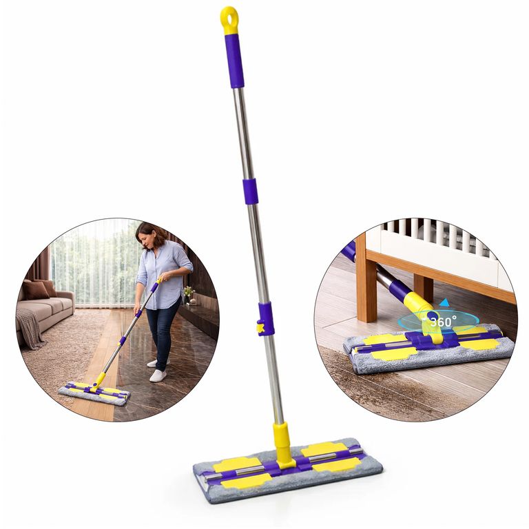 Trapeador Plano 360° con Mopa de Microfibra, Mango Extensible de Acero Inoxidable Limpieza de Piso