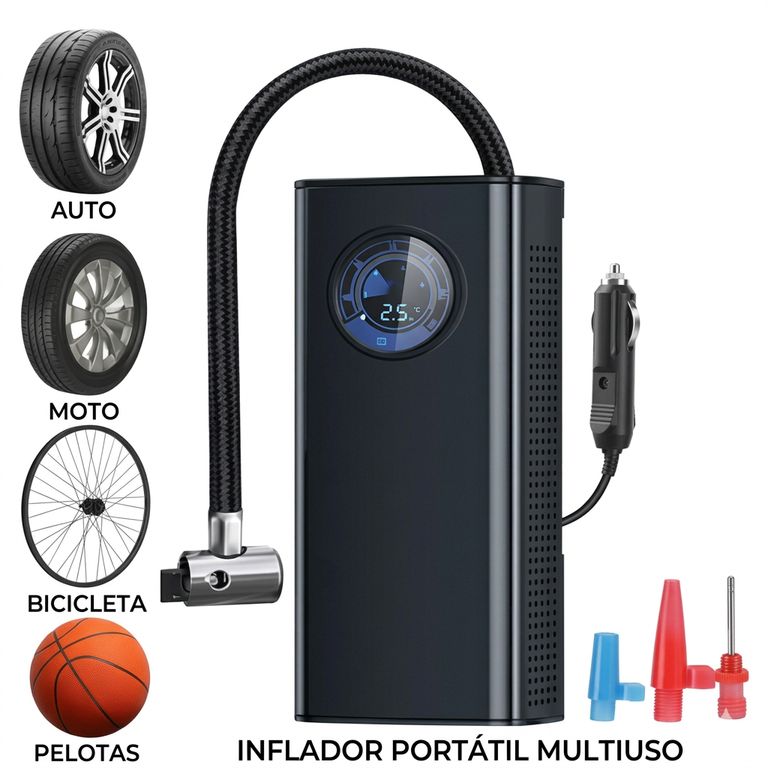 Inflador de Neumáticos Eléctrico Portátil - Compresor 150 PSI con Cable y Adaptadores