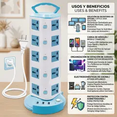 OEM - Torre Vertical Multifuncional 20Tomas y 3 USB Extensión con Protección y Switch Independiente 5Pisos