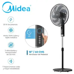 Midea - Ventilador Midea MFA 164MB con Temporizador 120 min 16 pulg, 7 Aspas
