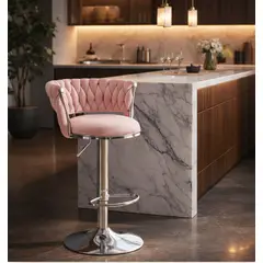 GENERICO - BANCO SILLA BAR GIRATORIO TABURETE TERCIOPELO TEJIDO ROSADO ALTURA AJUSTABLE BASE ACERO INOXIDABLE
