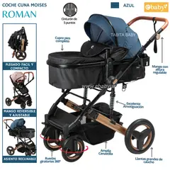 EBABY - Coche Cuna Moisés Premiun Doble Acolchonado ROMAN Azul