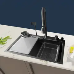 FRATELLI - Lavadero Multifuncional de Acero Inoxidable Nano Black CMezc + Lava vasos 68X45X23Cm - Fratelli