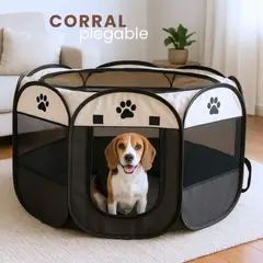 GENERICO - CORRAL PARA MASCOTAS PLEGABLE PLAYPEN - TALLA S BEIGE CON MARRÓN