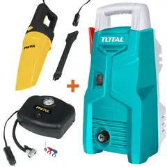 TOTAL TOOLS - Combo Hidrolavadora alta presión 1300 PSI, compresor de aire 180 PSI, aspiradora 12V