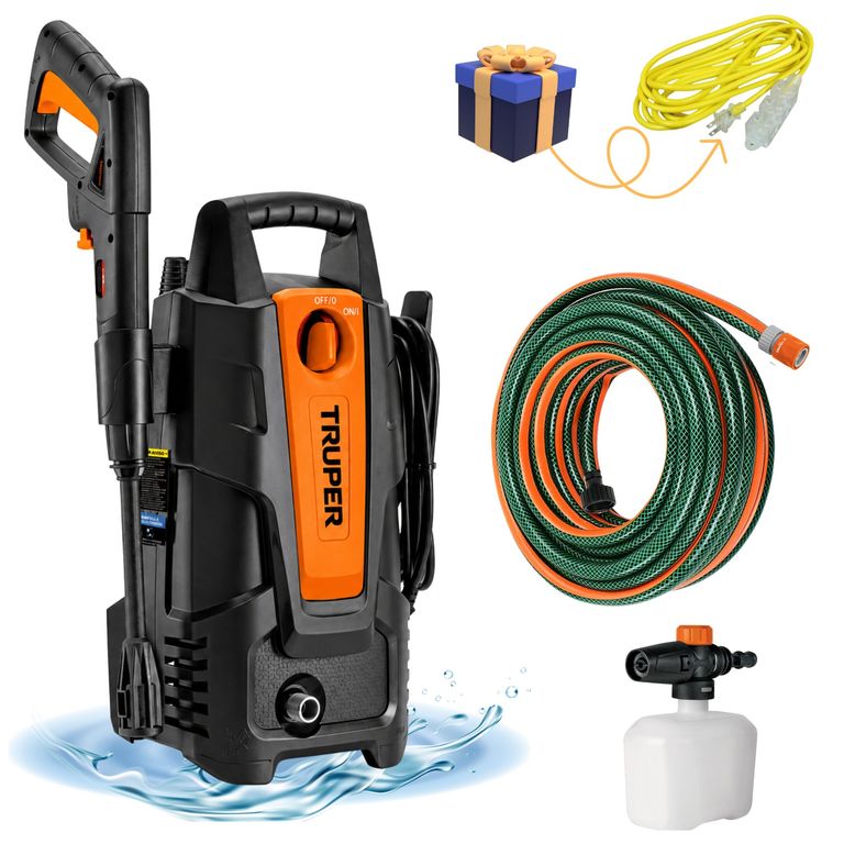 COMBO Hidrolavadora portátil Truper 1500 PSI + manguera reforzada 10m