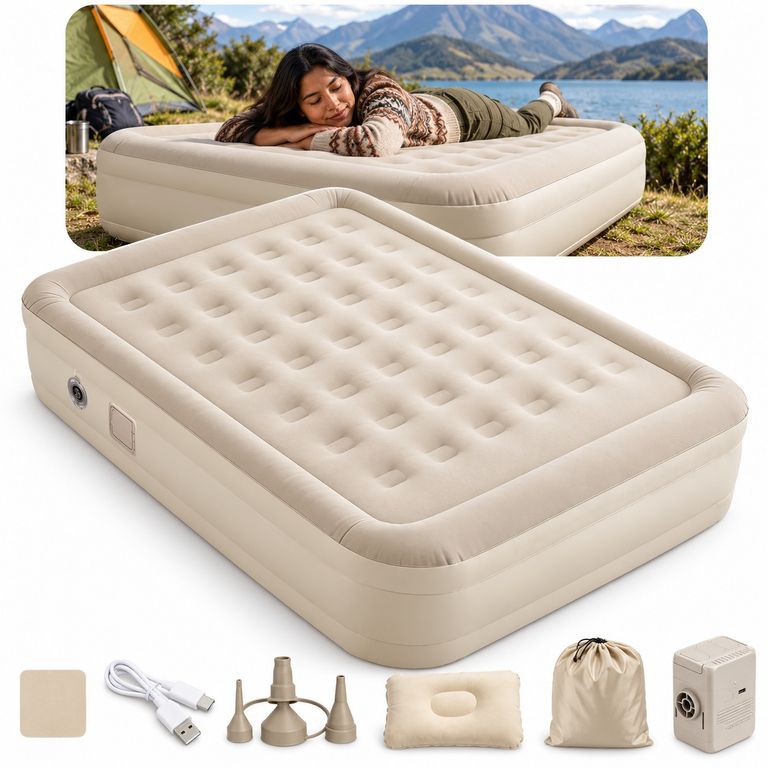 Colchón Inflable Eléctrico Queen 2 Plazas Con Almohada Beige