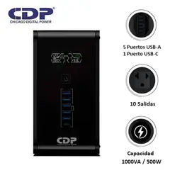 CDP - UPS CDP R-SMART 1010I 1000VA / 500W 30MIN 10 SALIDAS/5 PORT USB-A/1 PORT USB-C