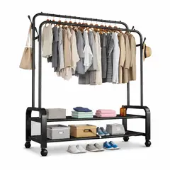 GENERICO - Perchero Doble Reforzado para Ropa con Ruedas Soporta 88Kg Organizador Metálico NEGRO