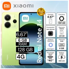 XIAOMI - Celular Xiaomi Redmi Note 14 6GB RAM 128GB 6.67"  Pulg. Xiaomi HyperOS - Lime Green