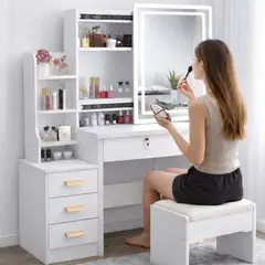 GENERICO - Tocador Blanco Moderno con Espejo LED Cuadrado y Banqueta  Organizador de Maquillaje con Cajones