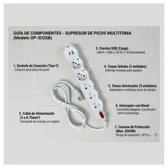 OPALUX - Supresor de pico 3 tomas universales + 2 Schuko + USB Opalux