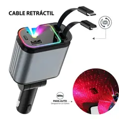 GENERICO - CARGADOR PARA CARROS AUTOMÓVILES 4 EN 1 CARGA RÁPIDA CABLE RETRÁCTIL LUZ PROYECTOR